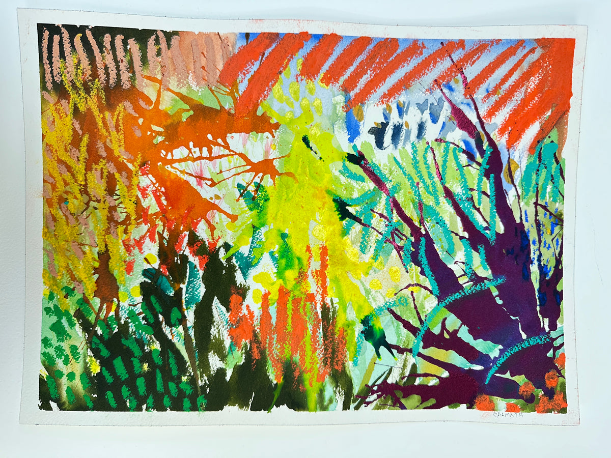 The First Time, colorful abstract mixed-media work on paper by CALMA