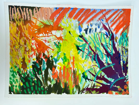 The First Time, colorful abstract mixed-media work on paper by CALMA